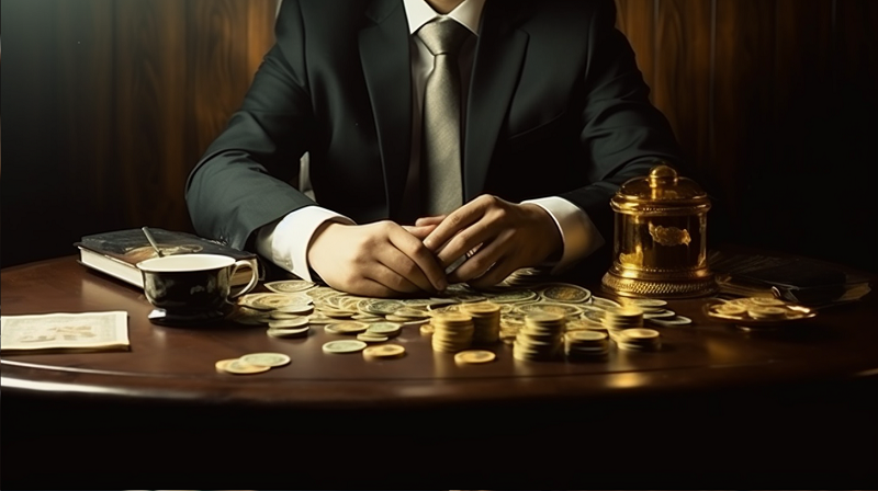 Mężczyzna w garniturze siedzi przy biurku na którym są monety